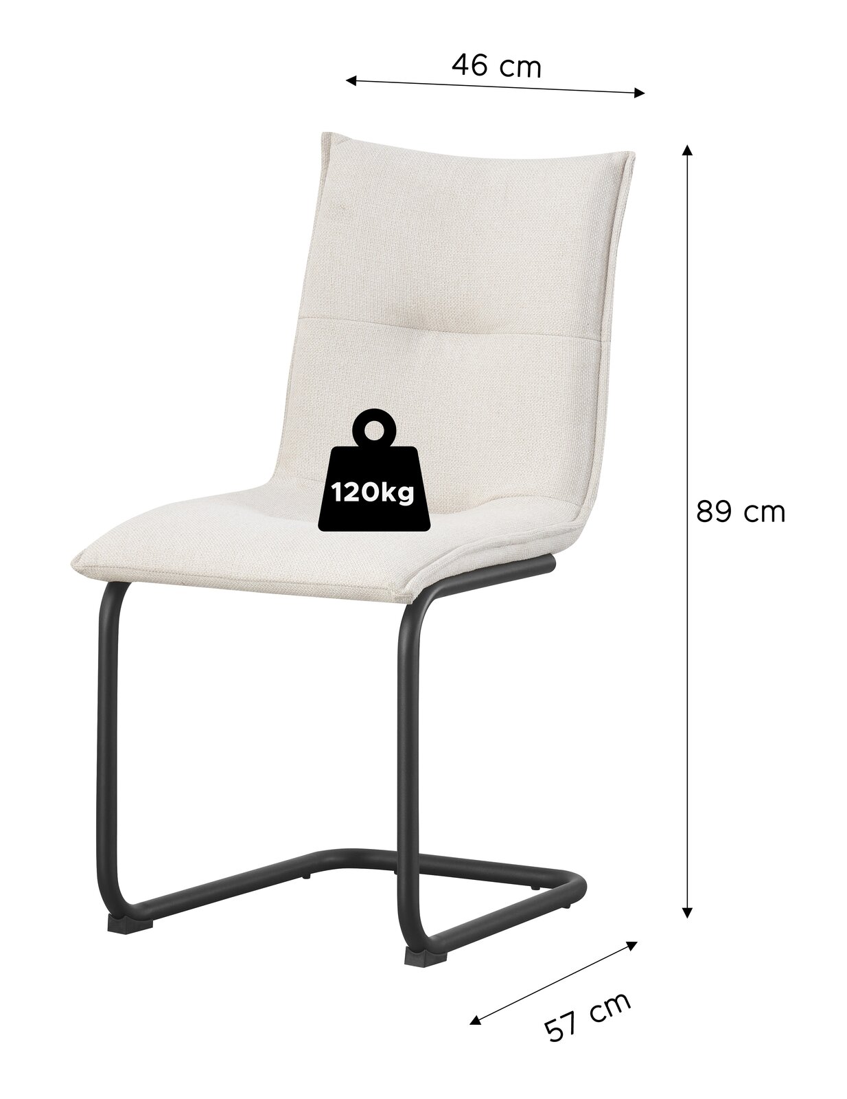 Beiger Polsterstuhl mit schwarzem Freischwinger-Metallgestell, Maße 46 cm Breite, 89 cm Höhe und 57 cm Tiefe, belastbar bis 120 kg, in schräger Frontansicht vor weißem Hintergrund.