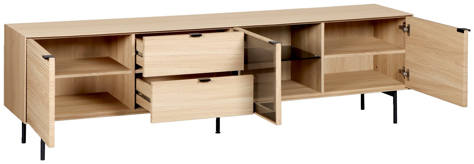 Modernes Sideboard aus hellem Holzdekor mit schwarzen Metallfüßen, zwei Schubladen und offenen Regalfächern, Türen und Schubladen geöffnet; Perspektive: frontale Ansicht leicht von oben