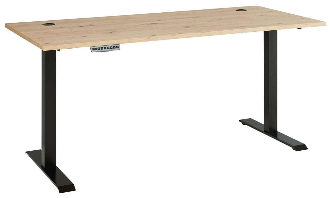 Moderner E-Schreibtisch Voleo DETROIT mit Holzoberfläche und schwarzen Metallbeinen, seitliche Perspektive