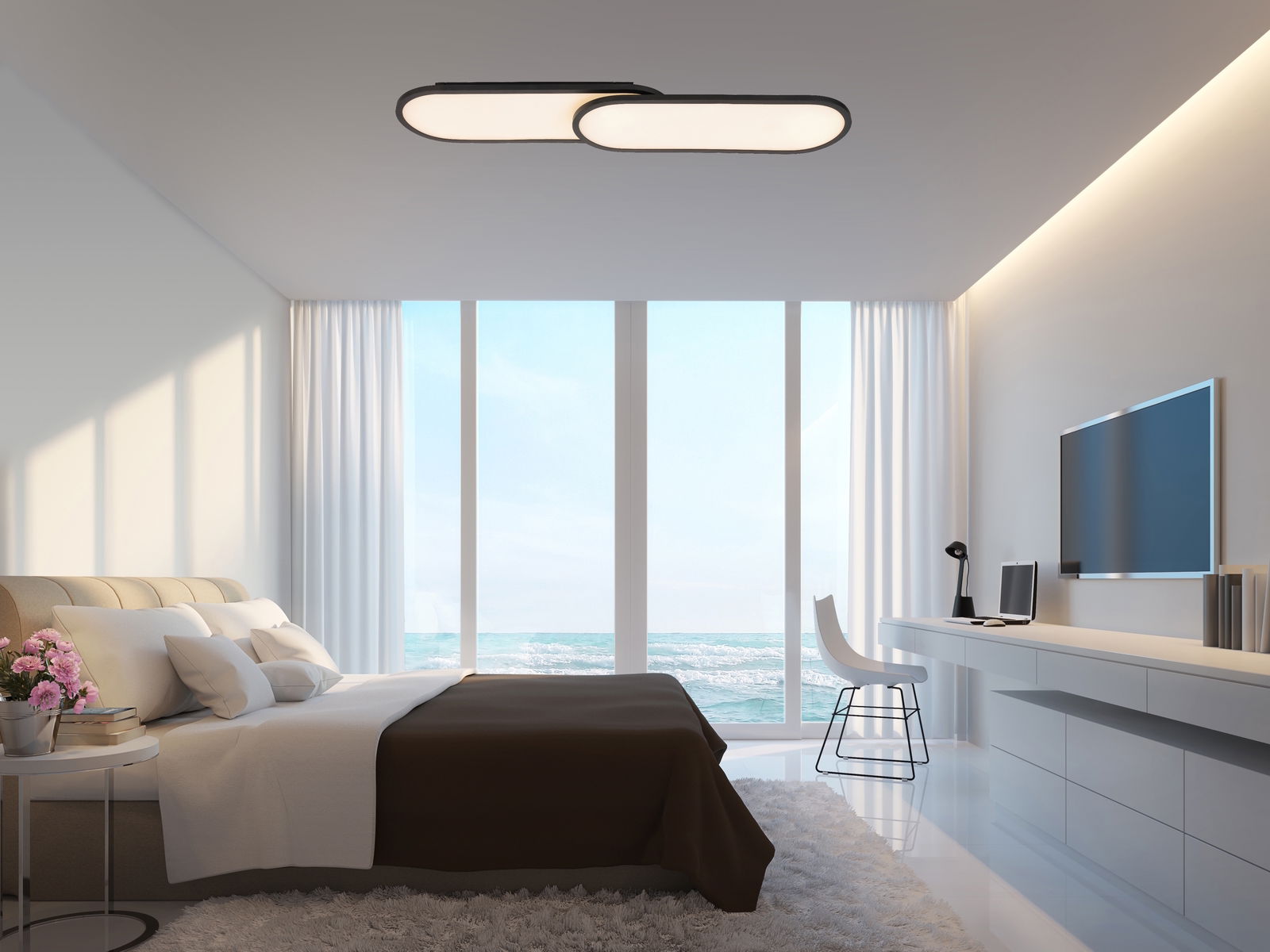 Novel LED-Paneel Modernes LED-Paneel in einem stilvollen Schlafzimmer, Deckenansicht