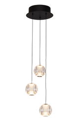 Moderne LED-Hängeleuchte mit drei kugelförmigen, geriffelten Glaskörpern, die an dünnen Kabeln von einer runden, schwarzen Deckenhalterung hängen. Seitenansicht.