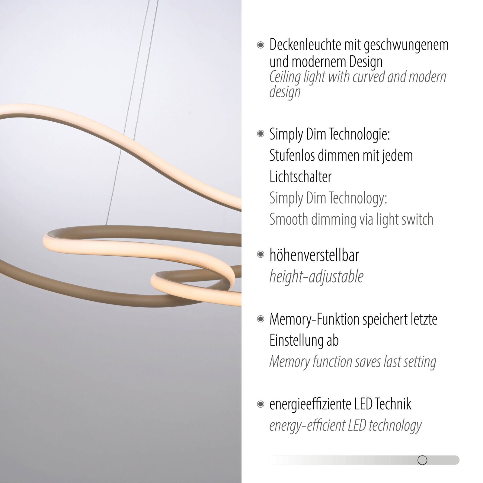 Moderne, geschwungene LED-Pendelleuchte/Deckenleuchte mit ringförmigen Lichtbändern in warmweiß, in leichter Seitenansicht von schräg unten vor hellem Hintergrund; mit Hinweisen zu Simply-Dim, höhenverstellbar, Memory-Funktion und energieeffizienter LED-T