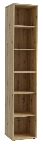 Schmales Regal aus Holz mit fünf offenen Fächern, seitliche Perspektive