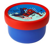 Runde Lunchbox mit rotem Deckel und blauem Behälter, darauf ein Spiderman-Motiv. Perspektive von schräg oben.