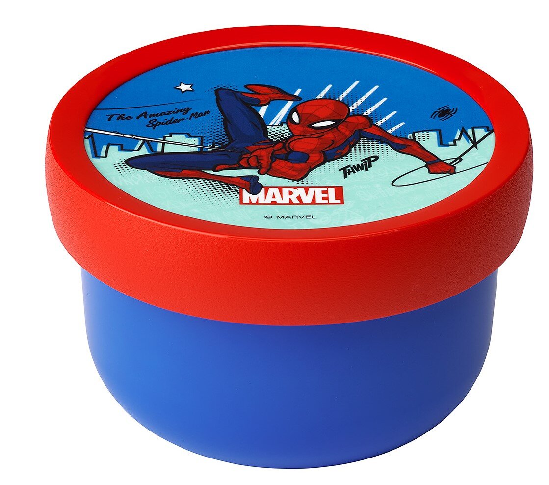 Runde Lunchbox mit rotem Deckel und blauem Behälter, darauf ein Spiderman-Motiv. Perspektive von schräg oben.