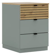 Moderner Container mit grauer Oberfläche und Holzdetails, seitliche Perspektive