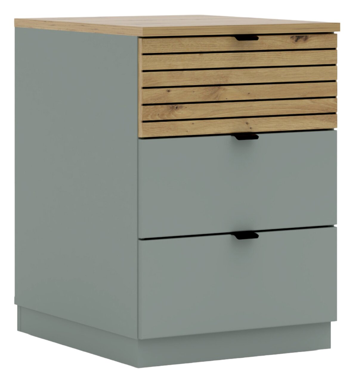 Moderner Container mit grauer Oberfläche und Holzdetails, seitliche Perspektive