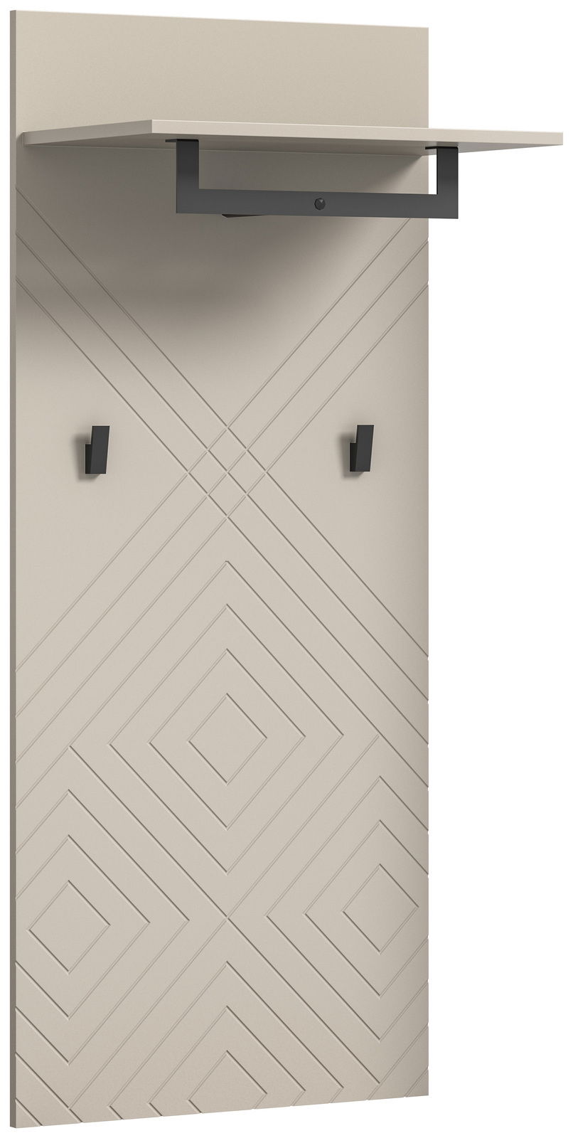 Garderobenpaneel mit geometrischem Muster, zwei Haken und einem Regalbrett, seitliche Perspektive
