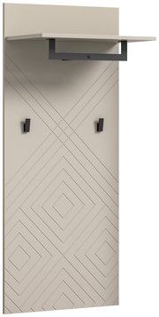Garderobenpaneel mit geometrischem Muster, zwei Haken und einem Regalbrett, seitliche Perspektive