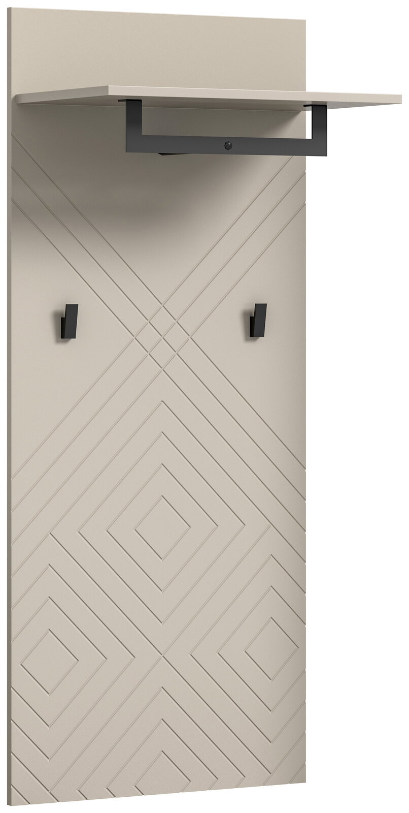 Garderobenpaneel mit geometrischem Muster, zwei Haken und einem Regalbrett, seitliche Perspektive