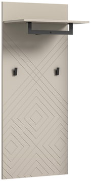 Garderobenpaneel mit geometrischem Muster, zwei Haken und einem Regalbrett, seitliche Perspektive