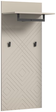 Garderobenpaneel mit geometrischem Muster, zwei Haken und einem Regalbrett, seitliche Perspektive