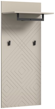 Garderobenpaneel mit geometrischem Muster, zwei Haken und einem Regalbrett, seitliche Perspektive