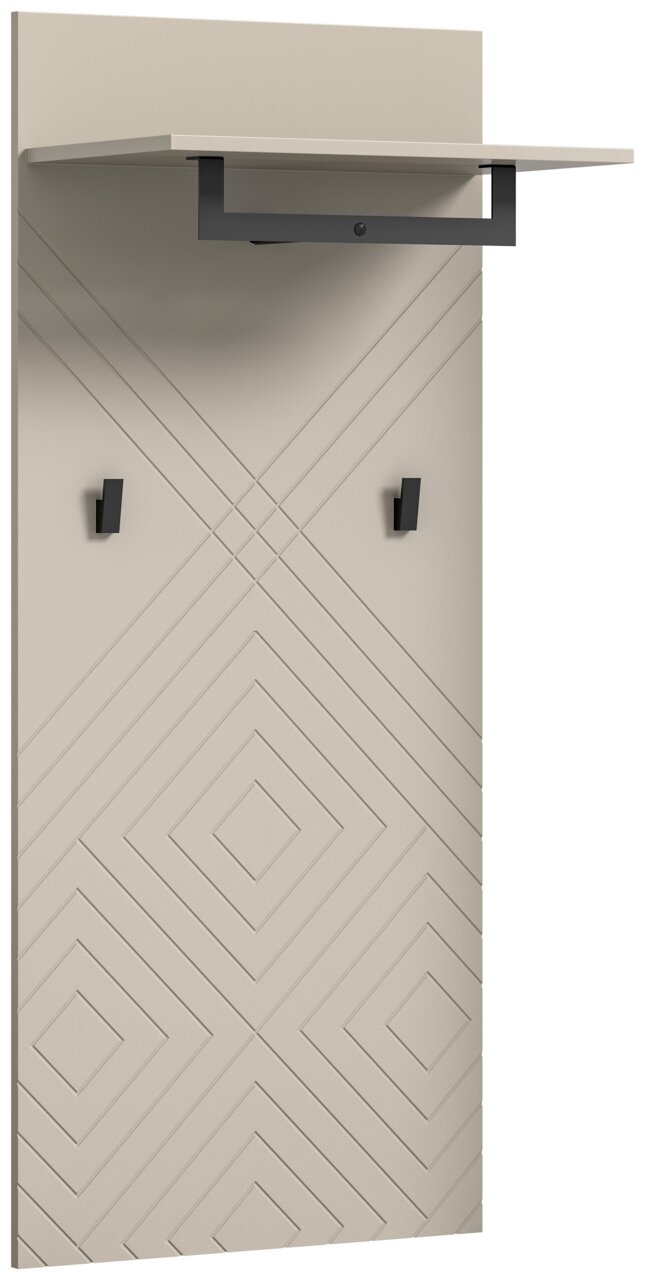 Garderobenpaneel mit geometrischem Muster, zwei Haken und einem Regalbrett, seitliche Perspektive