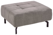 Gepolsterter, rechteckiger Hocker in Grau mit Cordbezug, gesteppter Sitzfläche und schwarzen Metallbeinen, freigestellt auf Weiß, Ansicht schräg von vorne oben.