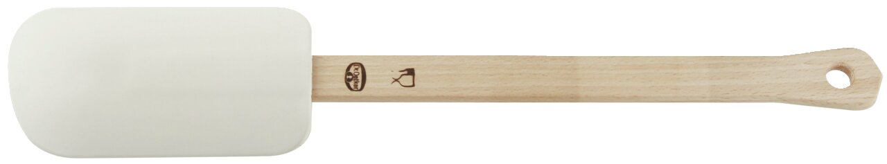 Teigschaber mit weißem Kopf und Holzgriff, seitliche Ansicht