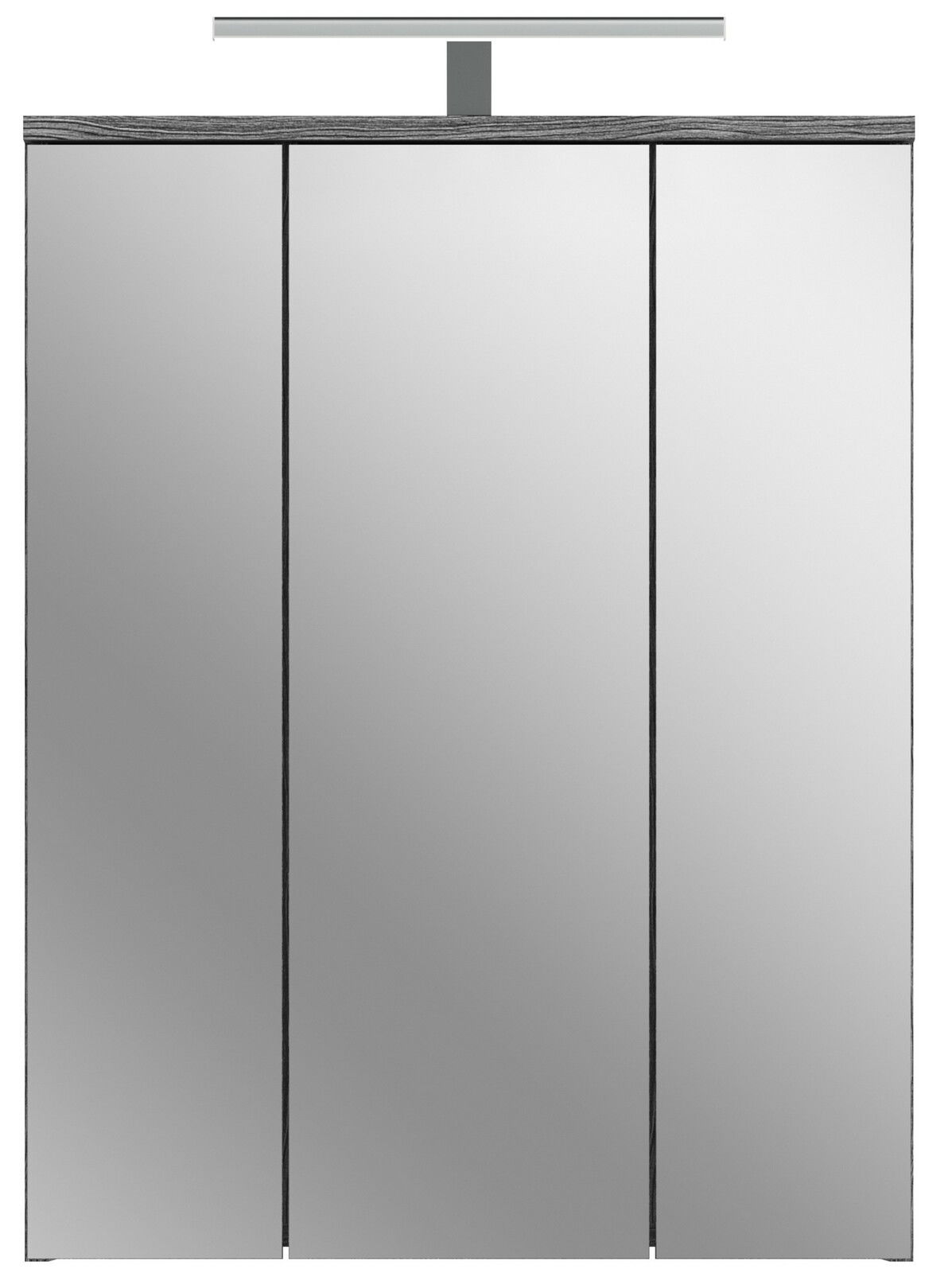 Frontansicht eines Badezimmerspiegelschranks mit Beleuchtung, bestehend aus drei Spiegeltüren.