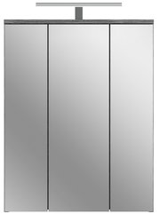 Frontansicht eines Badezimmerspiegelschranks mit Beleuchtung, bestehend aus drei Spiegeltüren.