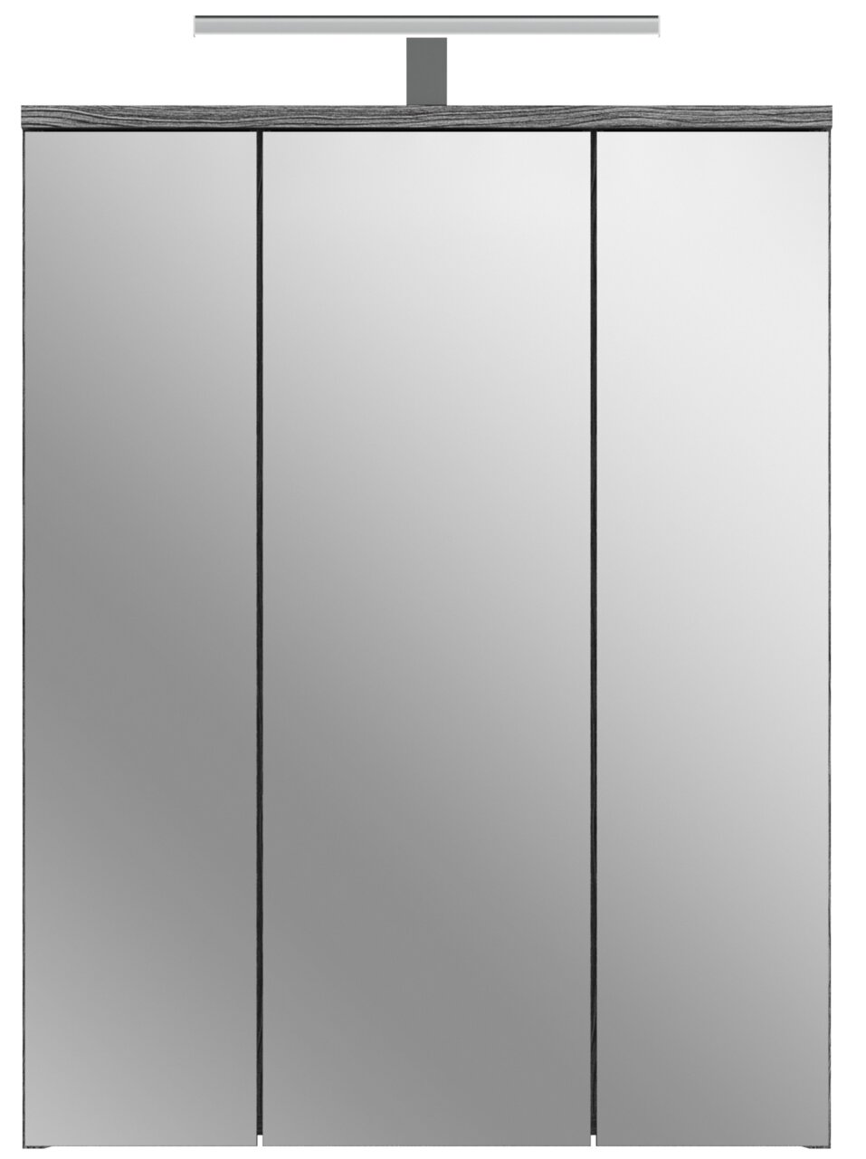 Frontansicht eines Badezimmerspiegelschranks mit Beleuchtung, bestehend aus drei Spiegeltüren.