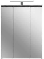 Frontansicht eines Badezimmerspiegelschranks mit Beleuchtung, bestehend aus drei Spiegeltüren.