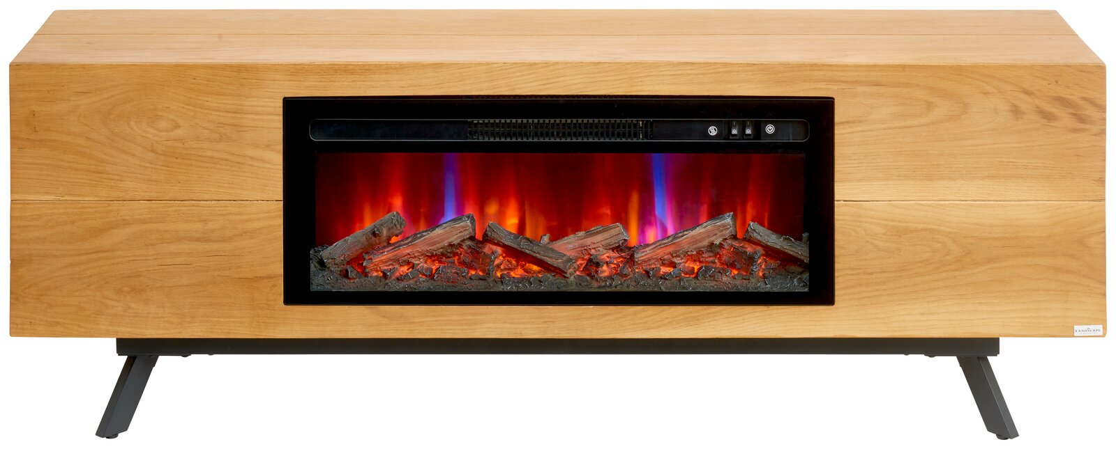 Elektrischer Kamin im Holz-Look als Lowboard mit breitem Sichtfenster, glühenden Holzscheiten und Flammeneffekt, Frontansicht