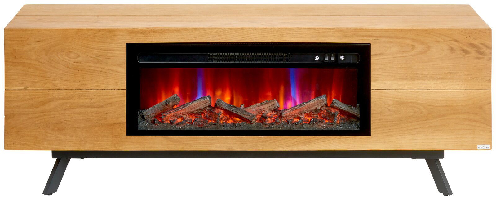 Elektrischer Kamin im Holz-Look als Lowboard mit breitem Sichtfenster, glühenden Holzscheiten und Flammeneffekt, Frontansicht