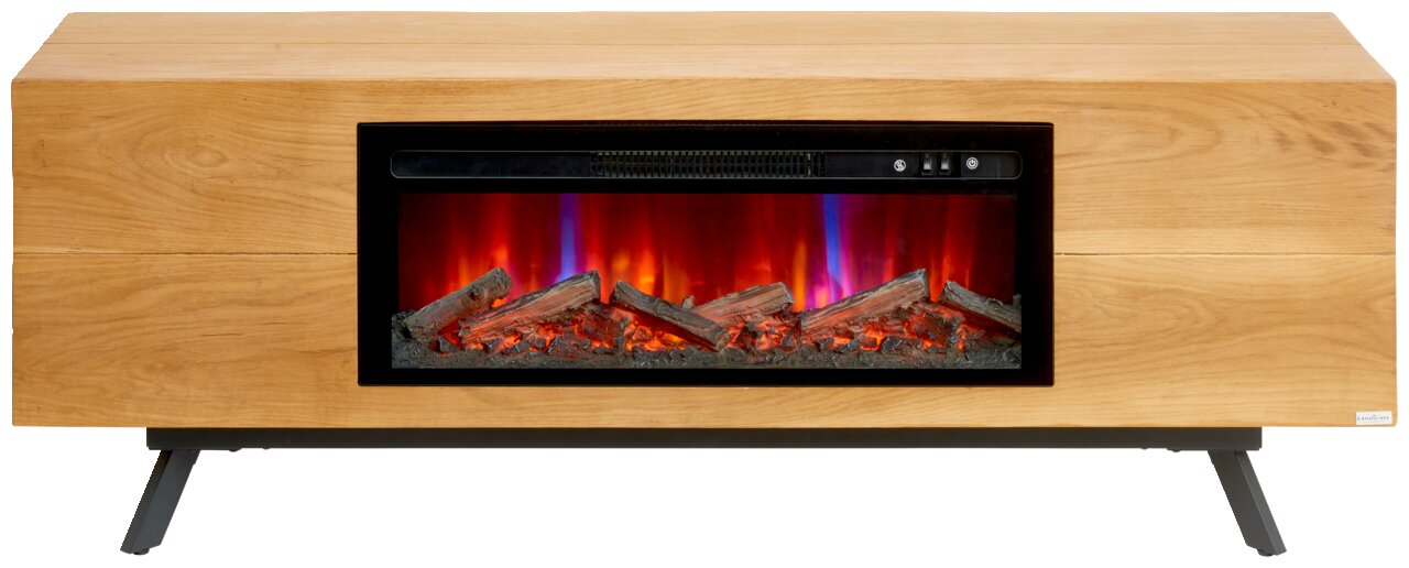 Elektrischer Kamin im Holz-Look als Lowboard mit breitem Sichtfenster, glühenden Holzscheiten und Flammeneffekt, Frontansicht