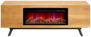 Elektrischer Kamin im Holz-Look als Lowboard mit breitem Sichtfenster, glühenden Holzscheiten und Flammeneffekt, Frontansicht