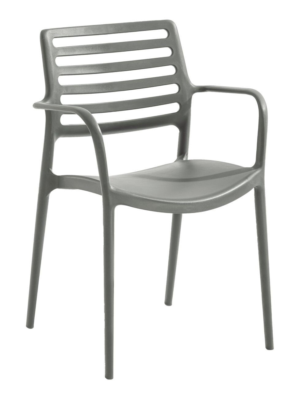 Moderner grauer Kunststoffstuhl mit Armlehnen, seitliche Perspektive