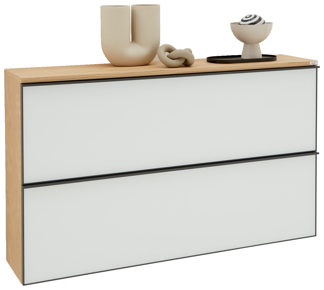 Dieter Knoll XL-Hängeschuhschrank ATINA XL-Hängeschuhschrank in Holzoptik mit zwei weißen Klappen, dekoriert mit modernen Skulpturen, seitliche Perspektive