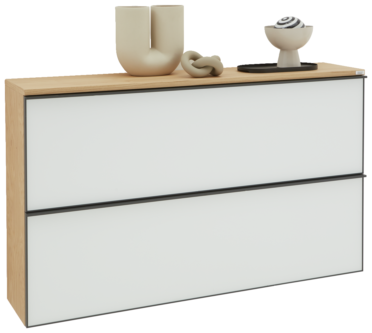 Dieter Knoll XL-Hängeschuhschrank ATINA XL-Hängeschuhschrank in Holzoptik mit zwei weißen Klappen, dekoriert mit modernen Skulpturen, seitliche Perspektive