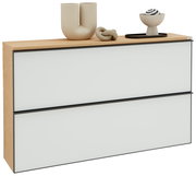 XL-Hängeschuhschrank in Holzoptik mit zwei weißen Klappen, dekoriert mit modernen Skulpturen, seitliche Perspektive