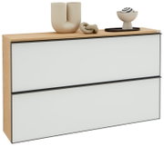 XL-hangkast in houtlook met twee witte kleppen, versierd met moderne sculpturen, zijaanzicht