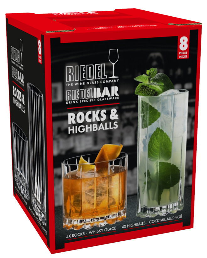 Verpackung des Riedel Bar Drinksets mit Rocks und Highball Gläsern, Vorderansicht