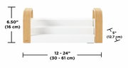 Vooraanzicht van een kruidenrek met drie planken, met witte planken en gebogen houten zijkanten, afmetingen: 16 cm hoog, 12,7 cm diep, 30-61 cm breed.