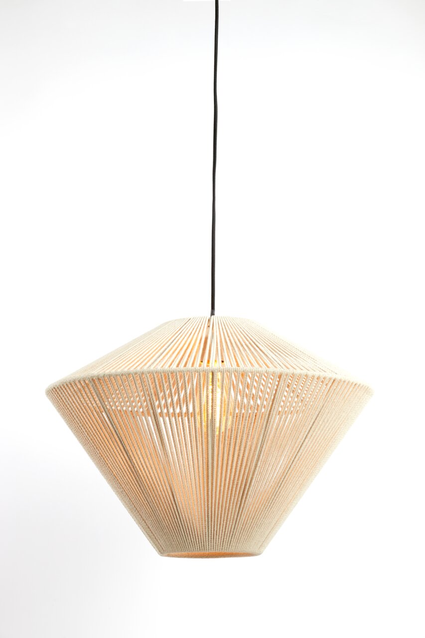 Hängeleuchte mit modernem, geometrischem Design aus geflochtenem Material, seitliche Perspektive