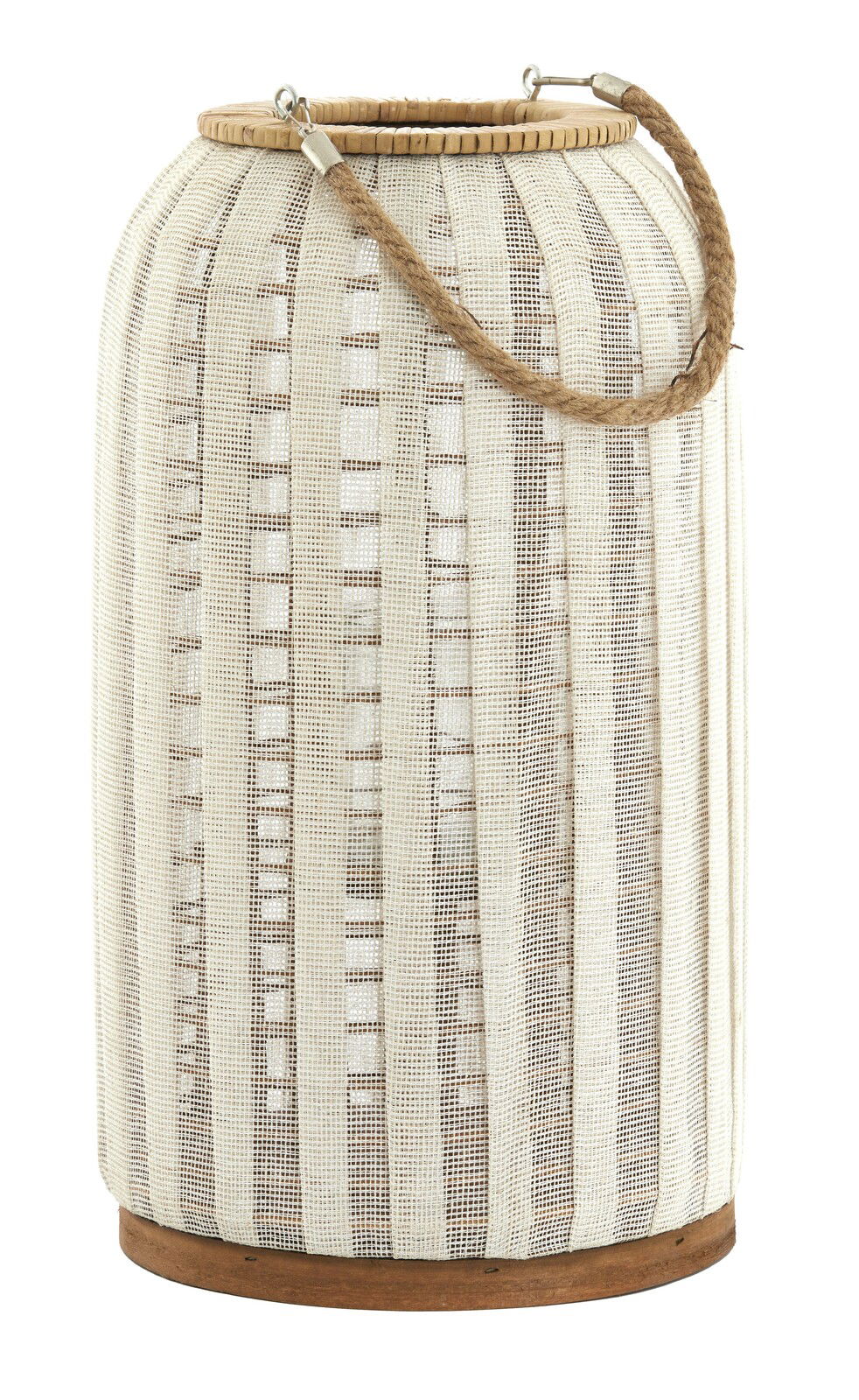 Windlicht aus hellem Stoff mit Holzdetails und Seilgriff, seitliche Perspektive