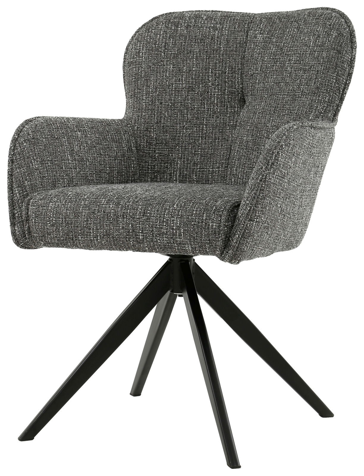Grauer Armlehnstuhl mit schwarzem Metallgestell, seitliche Perspektive