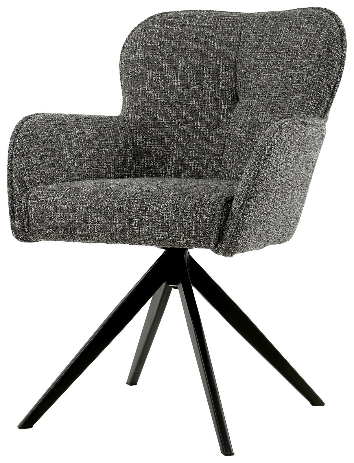 Grauer Armlehnstuhl mit schwarzem Metallgestell, seitliche Perspektive