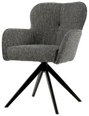 Grauer Armlehnstuhl mit schwarzem Metallgestell, seitliche Perspektive