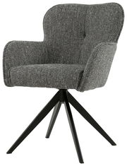 Grauer Armlehnstuhl mit schwarzem Metallgestell, seitliche Perspektive