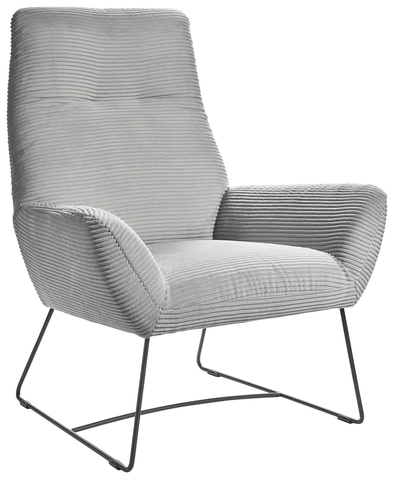 Lounge Handmade Sessel LH-BEN Moderner grauer Sessel mit geripptem Stoffbezug und Metallgestell, seitliche Perspektive