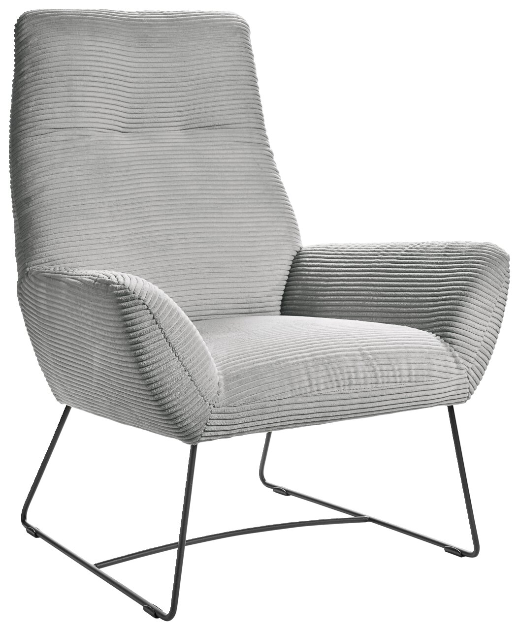 Moderner grauer Sessel mit geripptem Stoffbezug und Metallgestell, seitliche Perspektive