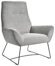 Moderner grauer Sessel mit geripptem Stoffbezug und Metallgestell, seitliche Perspektive