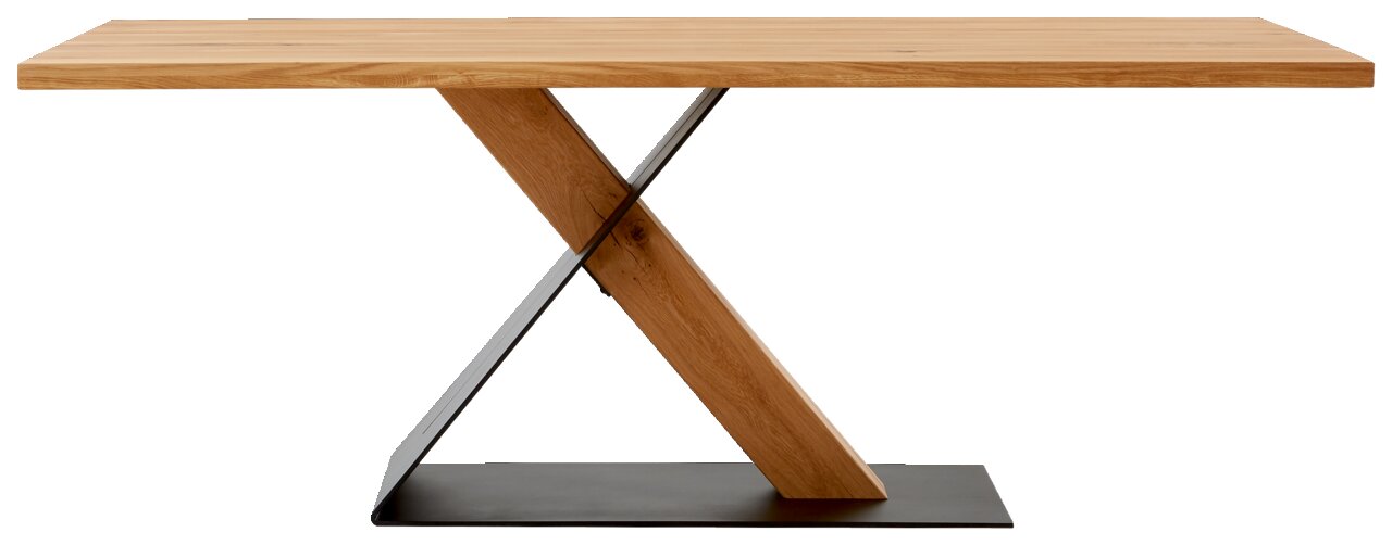 Moderner Esstisch mit Holzplatte und X-förmigem Metallgestell, seitliche Perspektive
