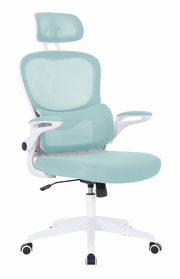 Moderner Drehstuhl in hellblauem Stoff mit ergonomischer Rückenlehne und verstellbarer Kopfstütze, seitliche Ansicht.