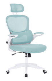 Moderner Drehstuhl in hellblauem Stoff mit ergonomischer Rückenlehne und verstellbarer Kopfstütze, seitliche Ansicht.