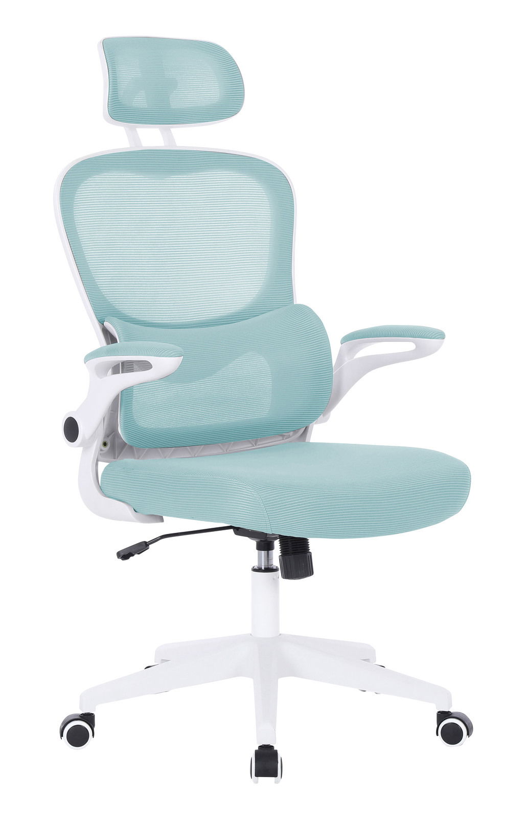 Moderner Drehstuhl in hellblauem Stoff mit ergonomischer Rückenlehne und verstellbarer Kopfstütze, seitliche Ansicht.