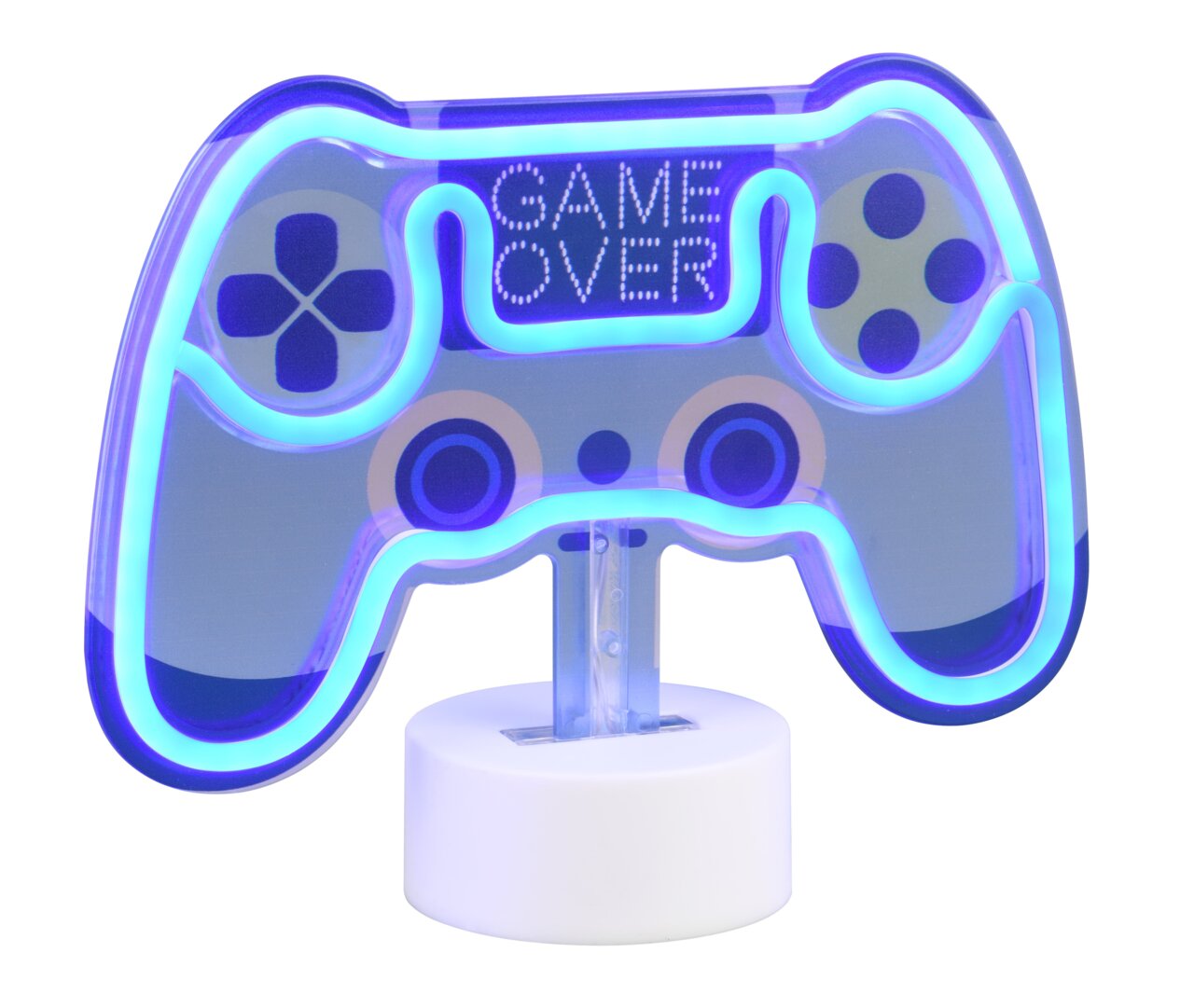 Reality Leuchten Tischleuchte CONTROL Tischleuchte in Form eines Game-Controllers mit blauem LED-Licht und der Aufschrift 'Game Over', frontal abgebildet.