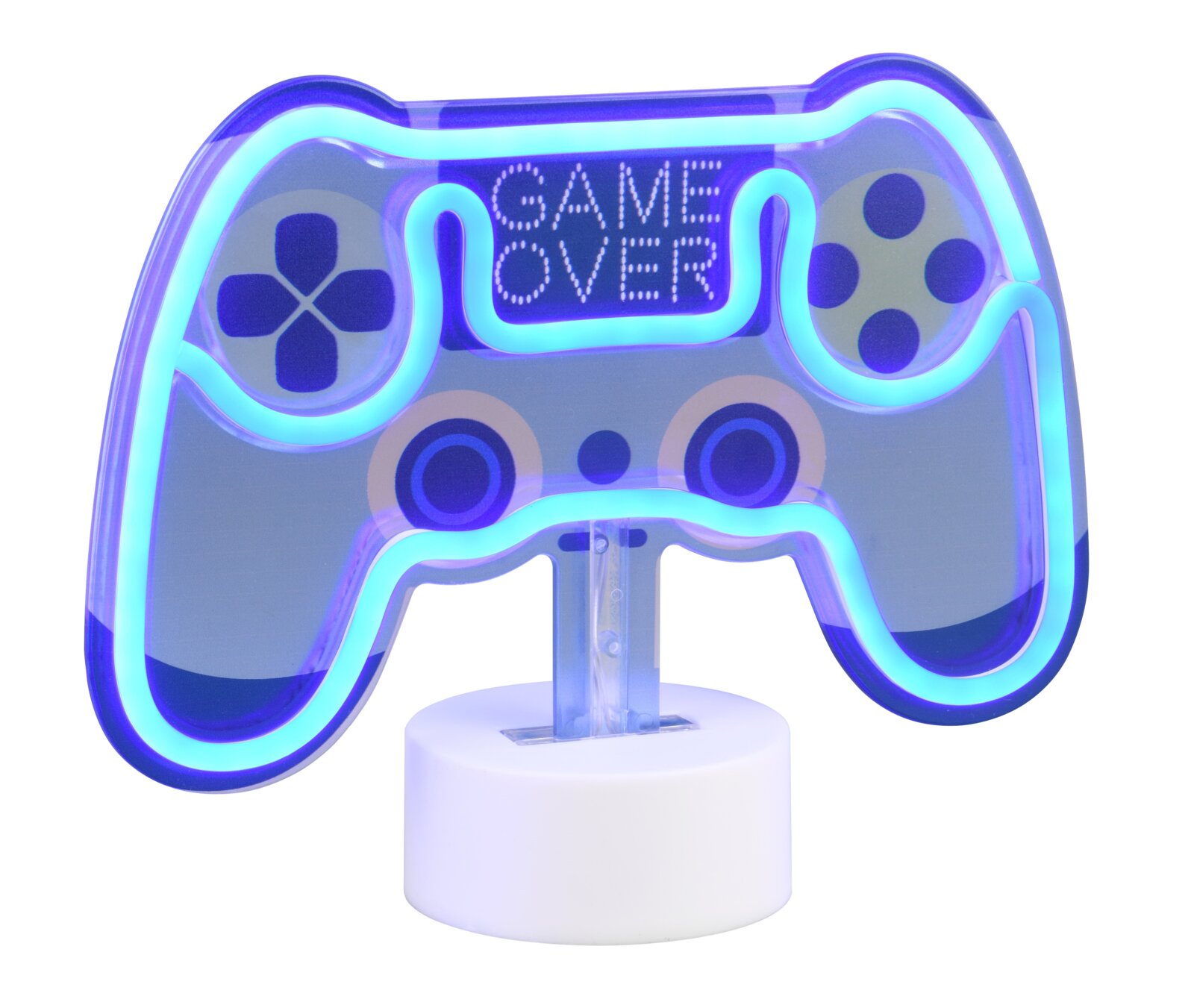 Reality Leuchten Tafellamp CONTROL Tischleuchte in Form eines Game-Controllers mit blauem LED-Licht und der Aufschrift 'Game Over', frontal abgebildet.